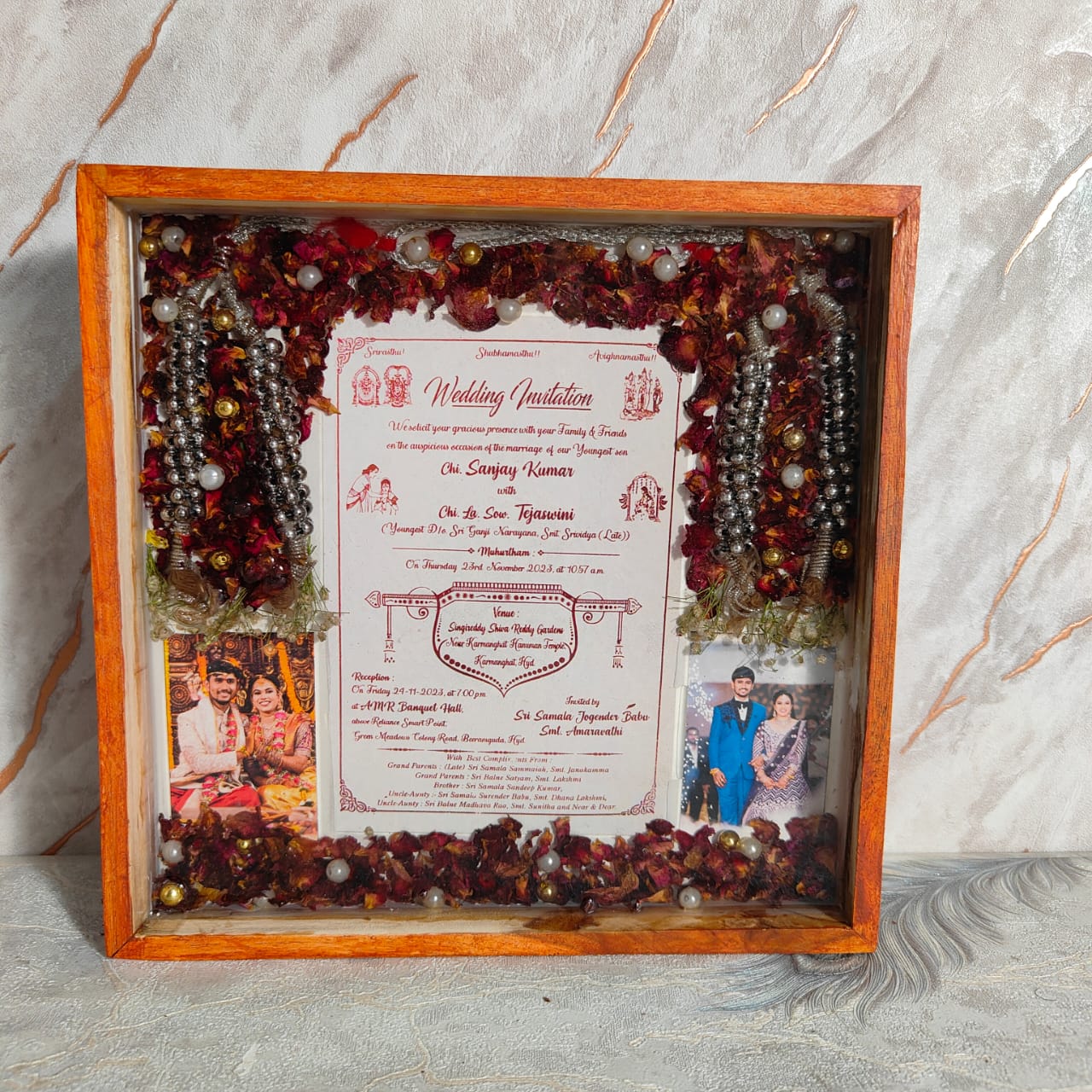 Wedding Card Preservation with Varmala in Resin Photo Frame | Square Dual Couple Photo Frame with Pearls Mala Decor (10 Inch)