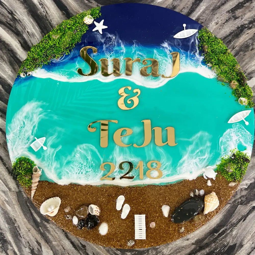 Beautiful Round Shape Ocean Theme Epoxy Nameplate (18 Inches)