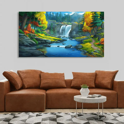Waterfall in an Autumn Forest Canvas Painting, 48x24