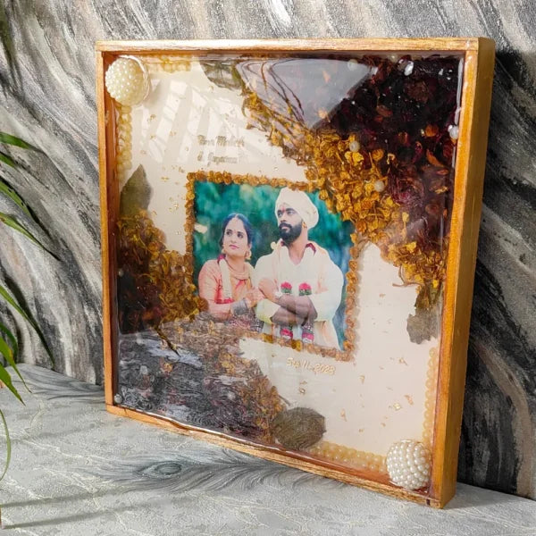 10-inch Varmala Flower Preserved Photo Frame | Large Pearls Balls Decor with Multicolor Flowers | Best Wedding Details Preservation Frame (10 Inch)