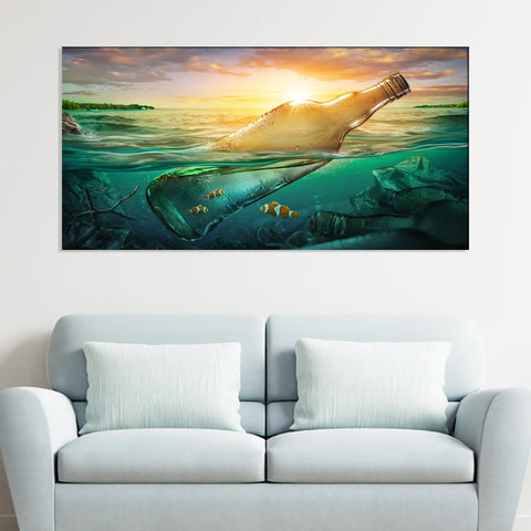 Bottle and Sunset Ocean Pollution Canvas Wall Painting