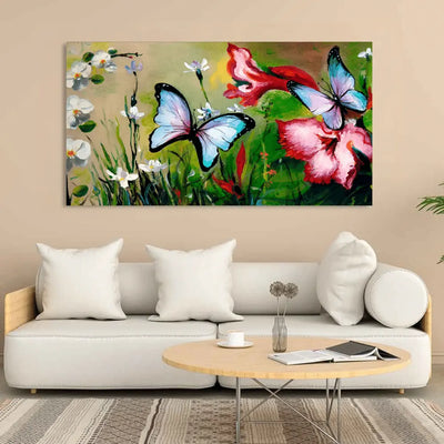 Blue Butterflies and Pink Hibiscus Canvas Painting, 48x24