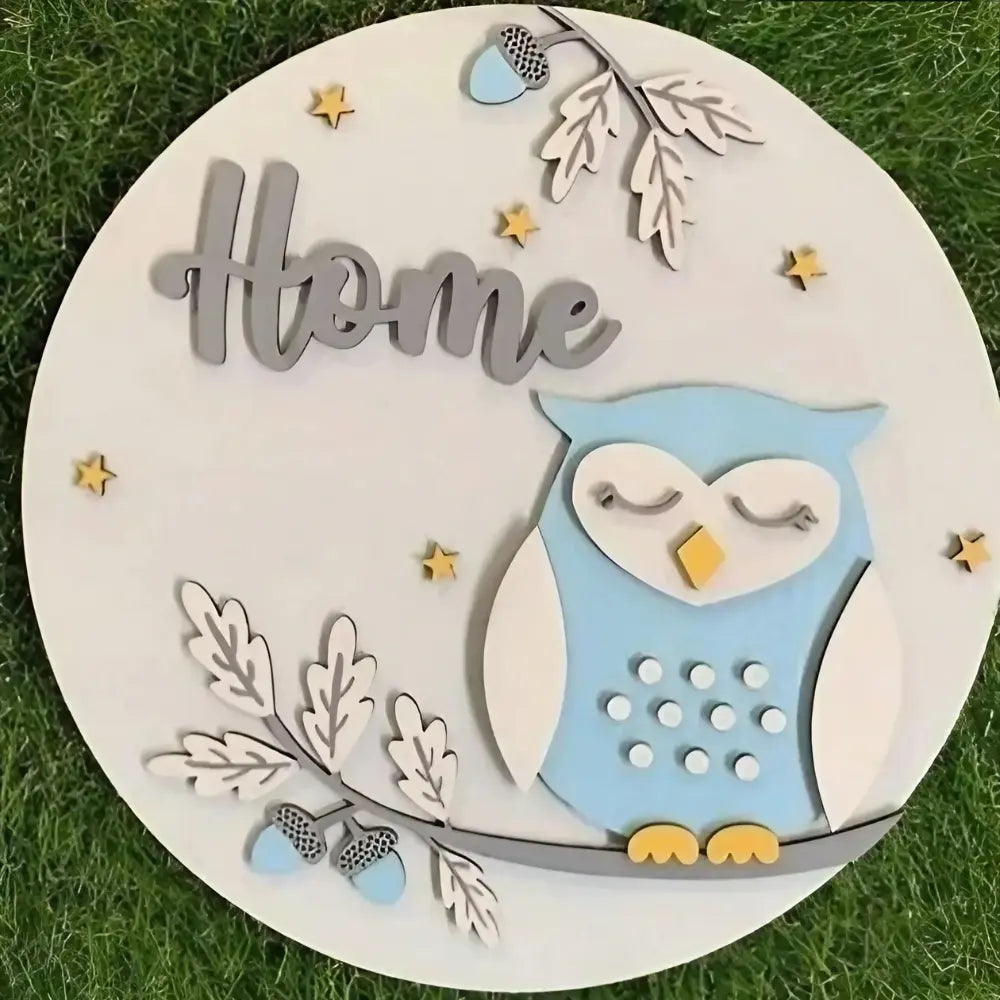Buy Owl Blue Gray Theme Kid's Wooden Nameplate Closelook