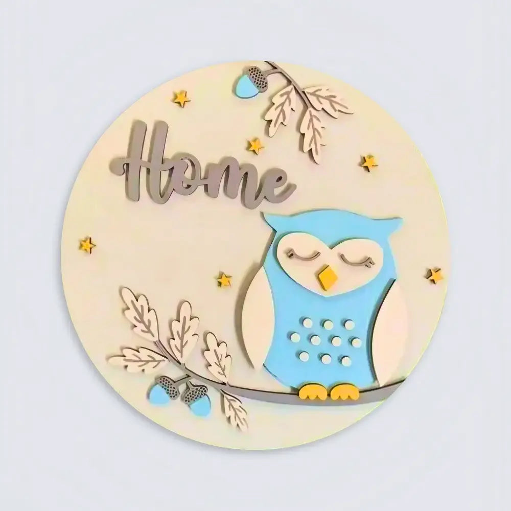 Owl Blue Gray Theme Kid's Wooden Nameplate Online