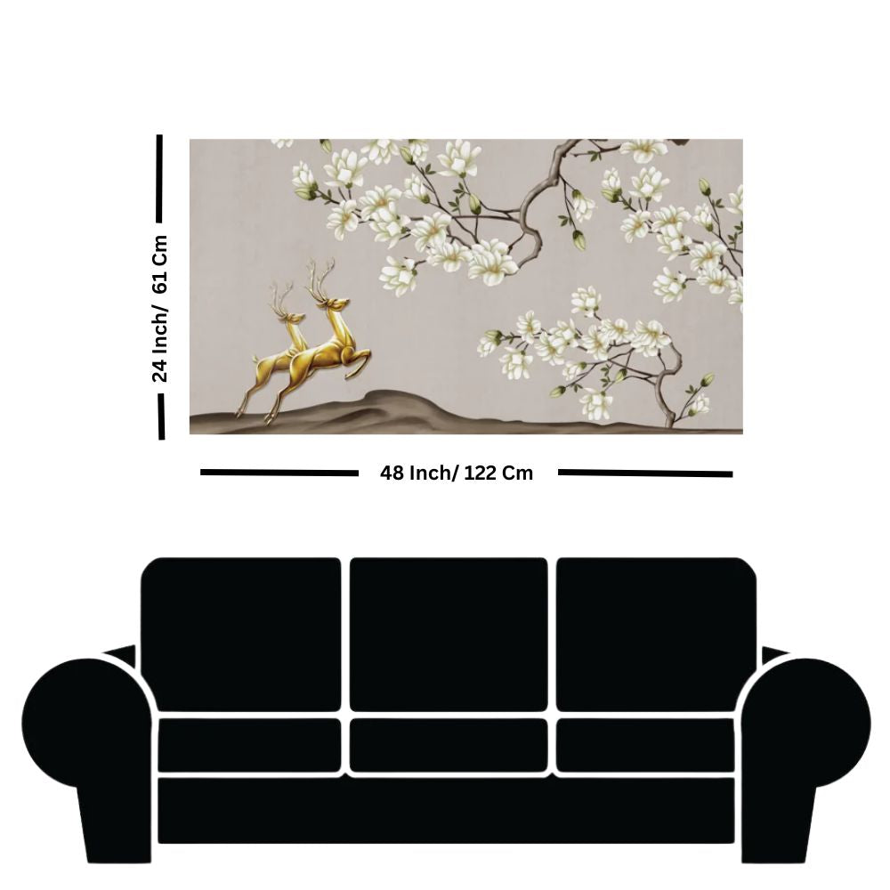 Tree Branches Flowers, Golden Deer and Mountains Canvas Wall Painting