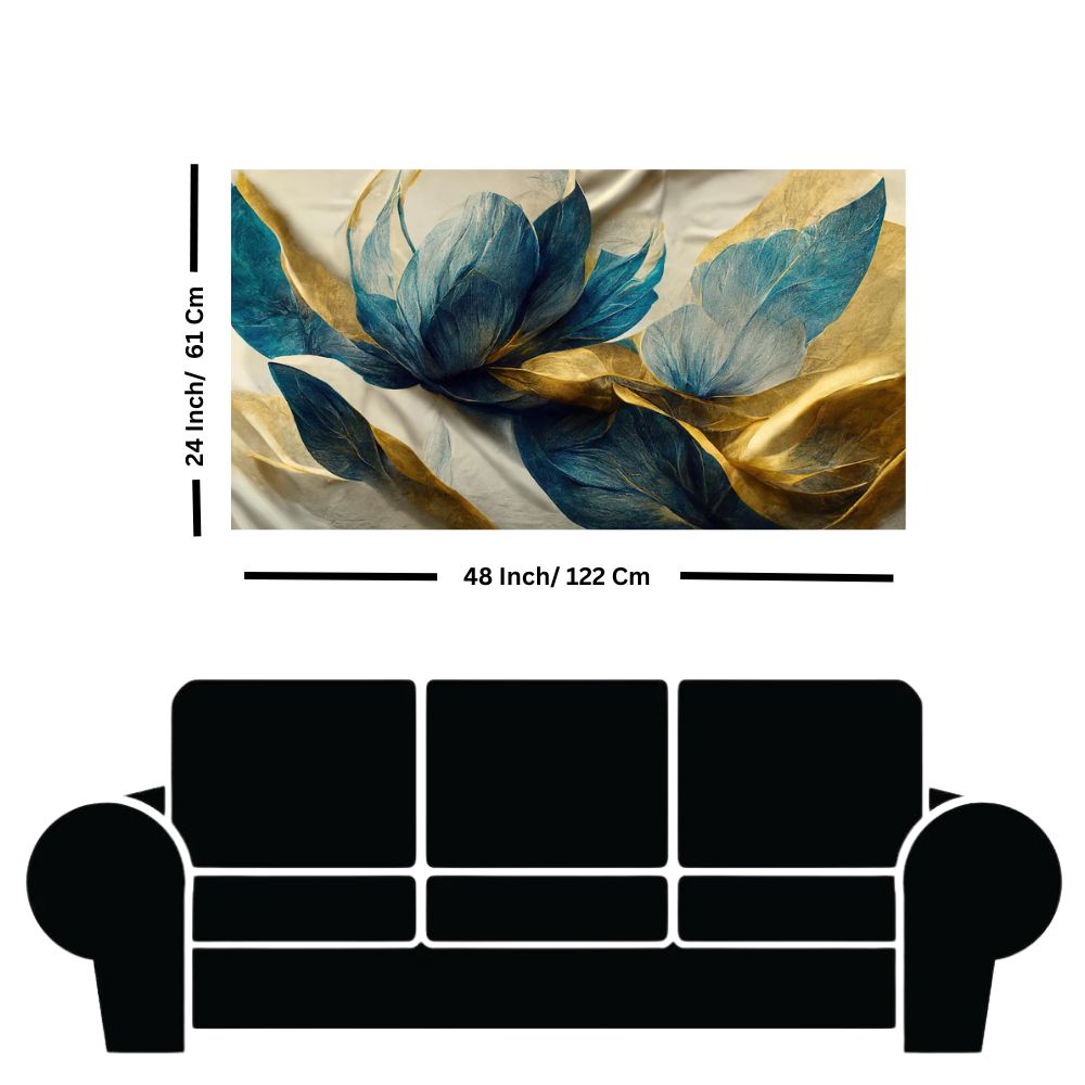Beautiful Golden Blue Flower and Waves Canvas Wall Painting