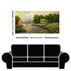 River, Boat & Village Abstract Canvas Wall Painting