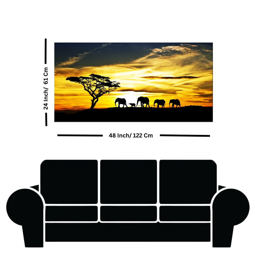 Elephant Family With Sunset Canvas Print Wall Painting
