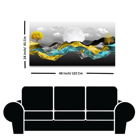 3D Modern Landscape Moon Golden Trees Colorful Wavy Mountains Canvas Print Wall Painting