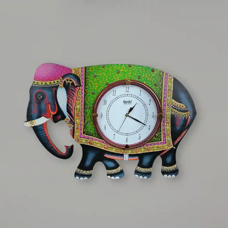 Analog Elephant Design Decorative Wall Clock Wooden Beautiful Hand Made Multicolour Wall Clock