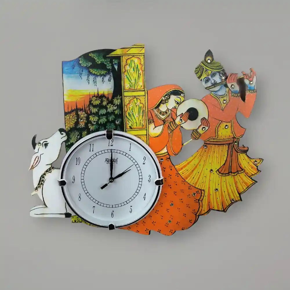 Wooden Religious Radhe Krishna Wall Clock, Handmade Radhe Krishna Wooden Wall Clock