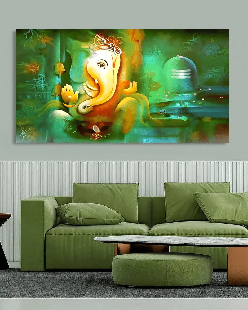 Colorful Lord Ganesh with Shiva lingam canvas painting For Sale