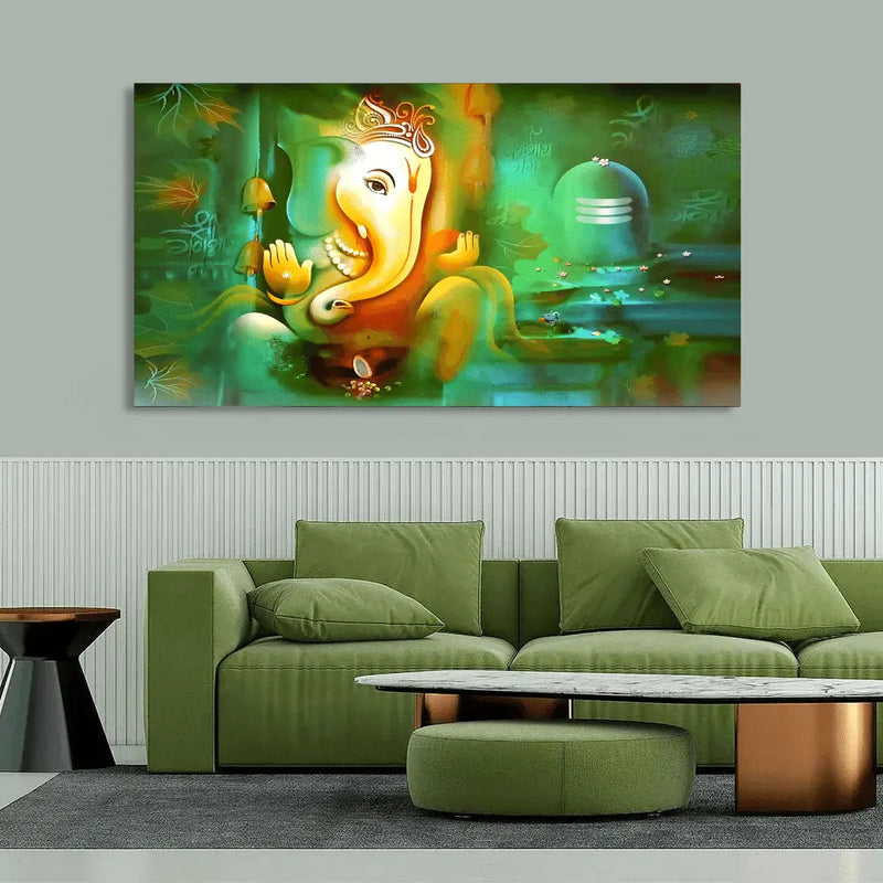 Colorful Lord Ganesh with Shiva lingam canvas painting For Sale