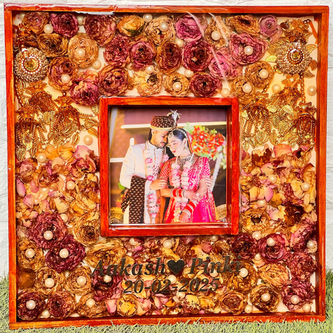Resin 16 by 16 inch double frame with Keleera , Flowers , with couple Photo & Name Varmala Preservation