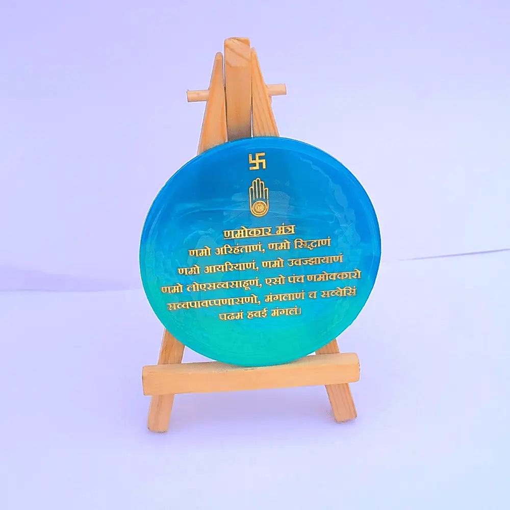 Resin Mini Namokar Mantra Frame For Dikhsha (Ocean Blue Round With Stand)