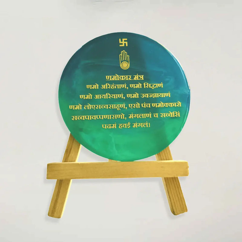 Resin Mini Namokar Mantra Frame For Dikhsha (Ocean Blue Round With Stand)