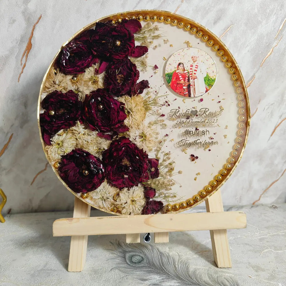 Deep Casted Varmala Flower Preserved Round Photo Frame |   Red and White Flowers Wedding Frame with Personalized Wedding Details (10-inch)