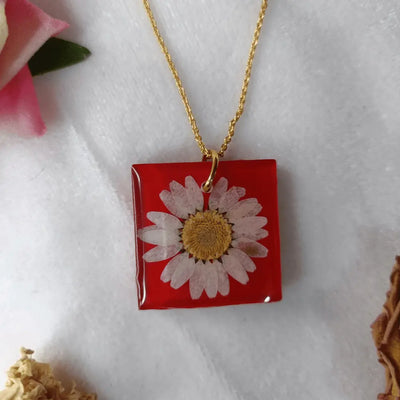 Real Daisy Resin Pendant in Red, Square, Valentine Gift