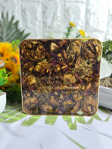 Resin 6inch Block with Lotus Flowers & Red roses petals with Name & Date Varmala Preservation