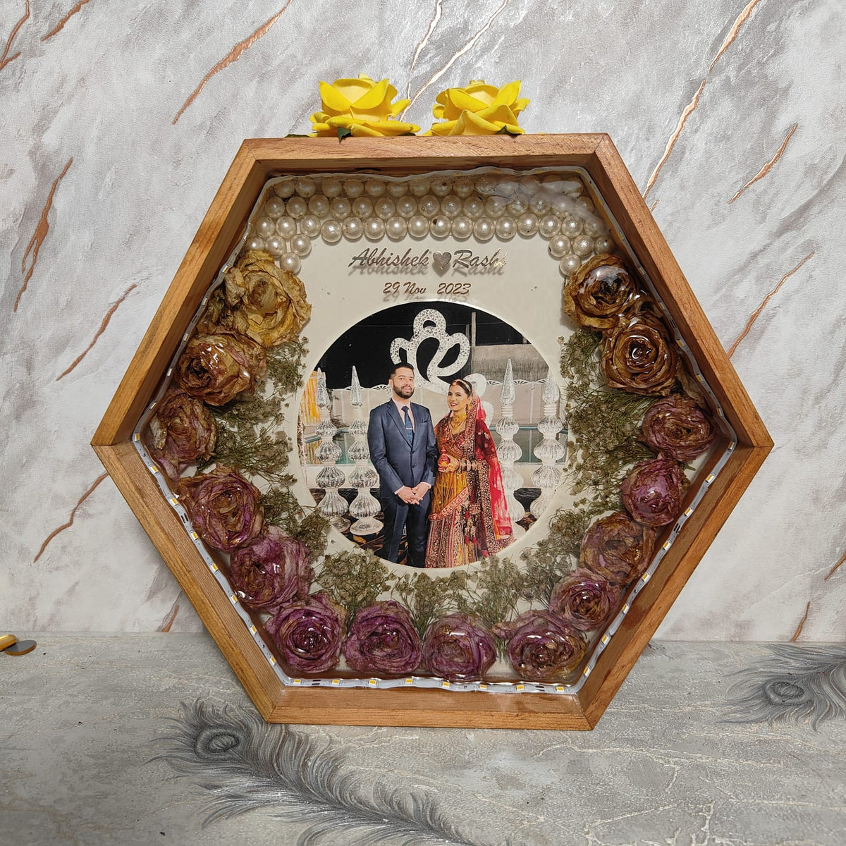 12 inch hexagon varmala preservation frame with maroon roses, LED