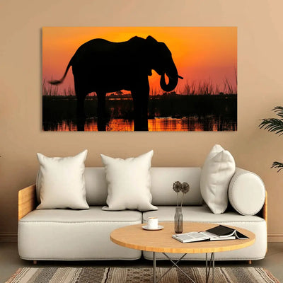 Elephant Drinking at Sunset Silhouette Canvas Painting, 48x24
