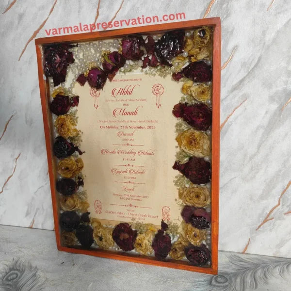 Wedding Varmala Preservation with Invitation Card | Rectangle 11x14 Inch Wooden Memories Frame | Best Gifting Item for Friends's Wedding