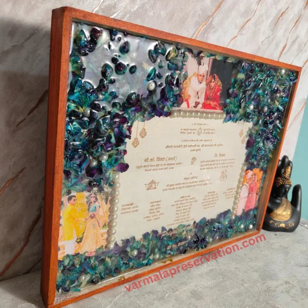 Resin Varmala Preservation with Wedding Card | Epoxy Deep Casted Invitation Card Frame | Wedding Flower Keepsake (11-14 Inch)