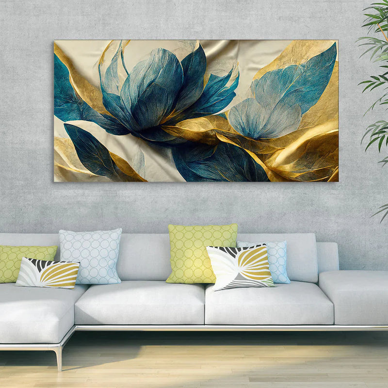 Teal blue abstract petals with flowing gold waves on a cream canvas above a white sofa