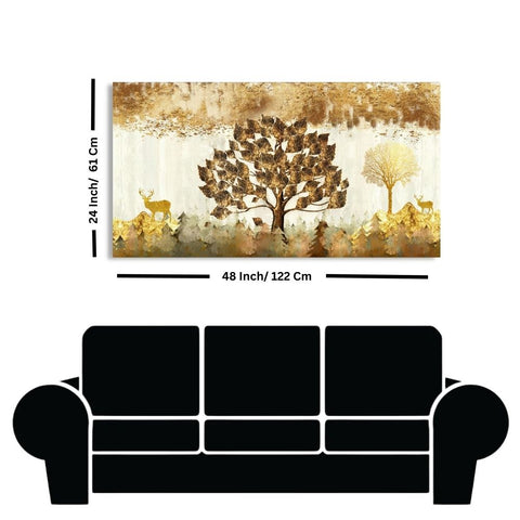 Buy Golden Deer in Beautiful Tree and Mountain Landscape Canvas Wall Painting