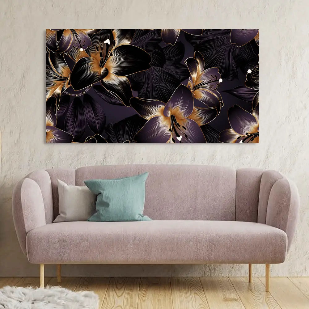 Golden lilies flower with floral background canvas Wall painting for living room