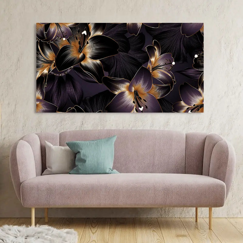 Golden lilies flower with floral background canvas Wall painting for living room