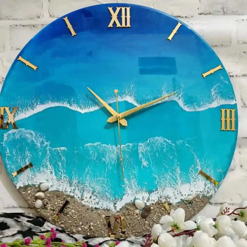 Handmade Blue Ocean Waves With Shells Resin Wall Clock