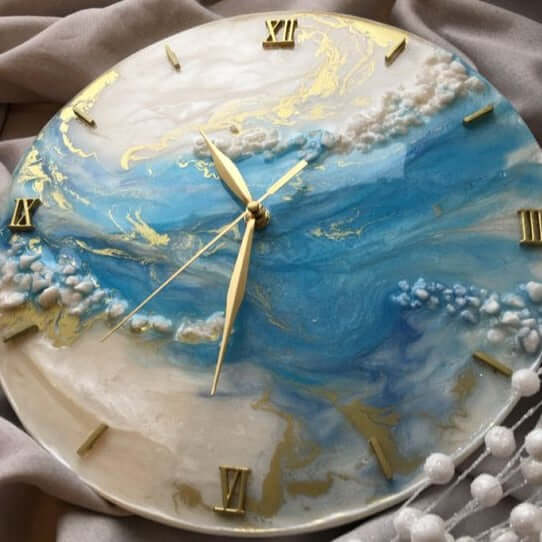 Handmade Classy Light Blue Ocean With Marble Texture Resin Wall Clock