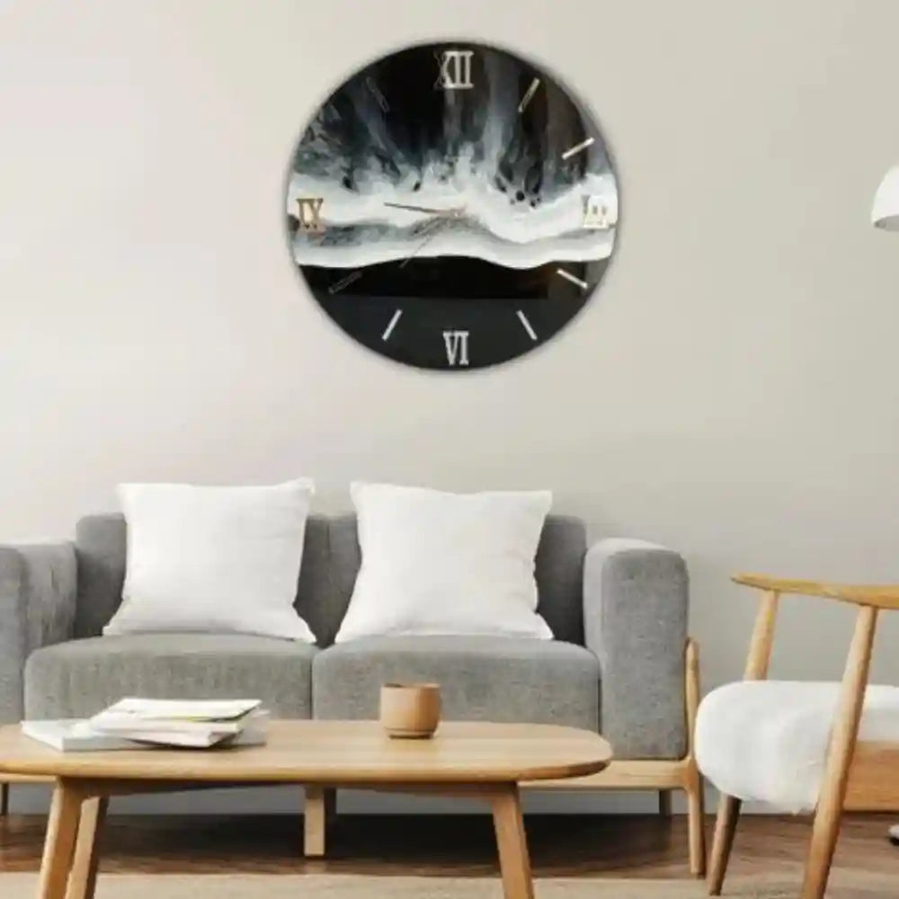 Handmade Modern night ocean effect with white waves resin wall clock