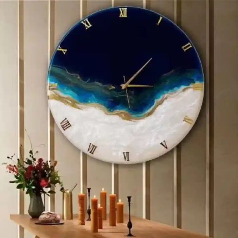 Handmade Stylish Dark Blue And White Marble Texture Resin Wall Clock