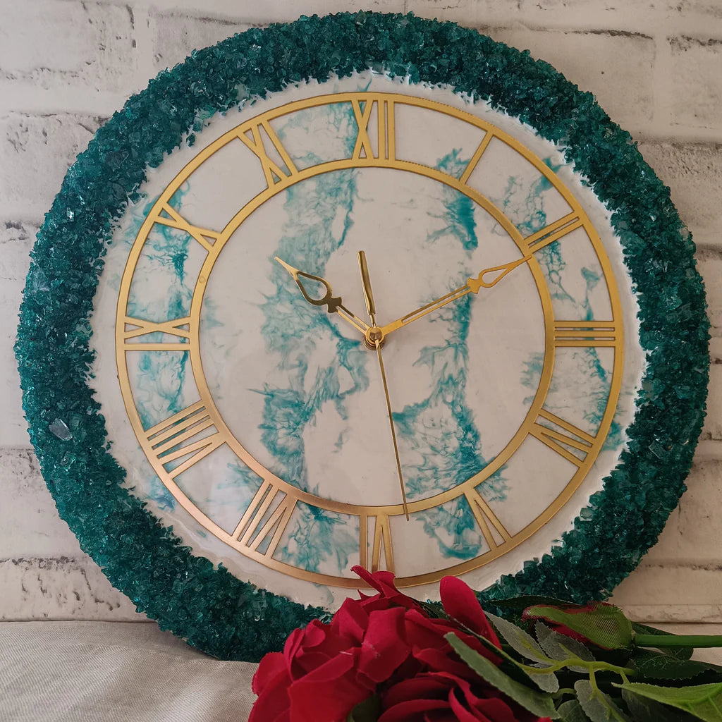 Handmade White Marble And Blue Line Resin Wall Clock With Real Stone