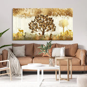 Golden Deer in Beautiful Tree and Mountain Landscape Canvas Wall Painting