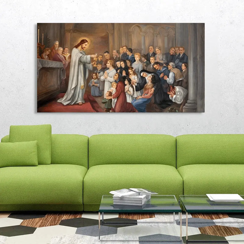 Jesus in a white robe blessing a crowd of men, women and children, canvas painting above a green sofa