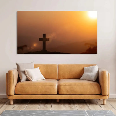 Cross on a Hill at Misty Sunset Canvas Wall Painting, 48x24
