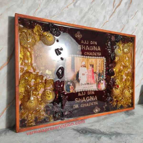 Wedding Varmala & Kaleere Preservation Frame with "Ajj Din Shagna Da Chadeya" Slogan | Bridge Kaleere Preservation Frame | Deep-casted Varmala Box (16x24 Inch)