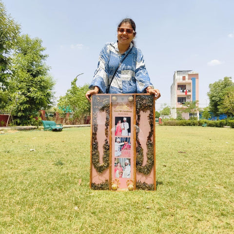 Tall full varmala frame with three couple photos, made in our Jaipur studio