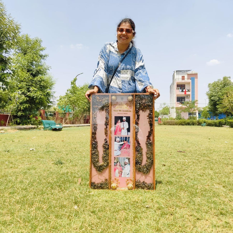 Tall full varmala frame with three couple photos, made in our Jaipur studio