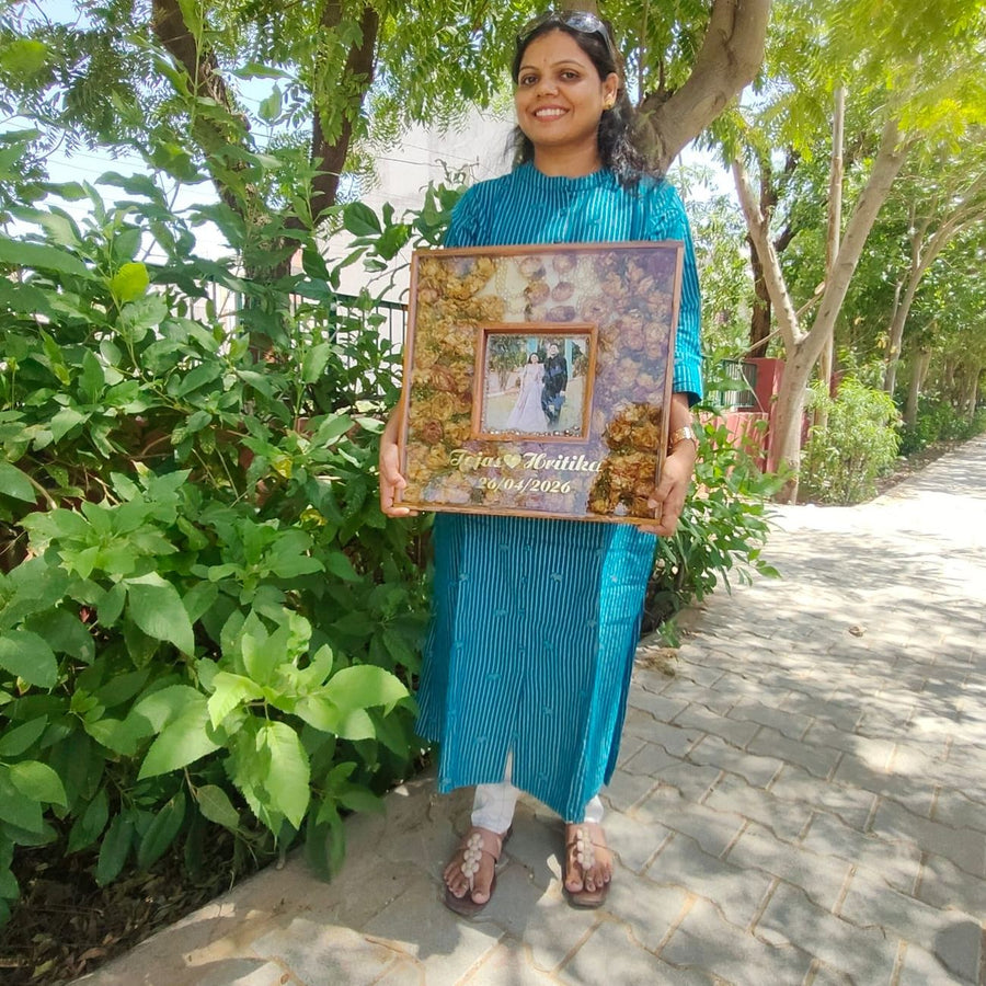 Varmala frame with the couple photo and names, made with personal attention in our Jaipur studio
