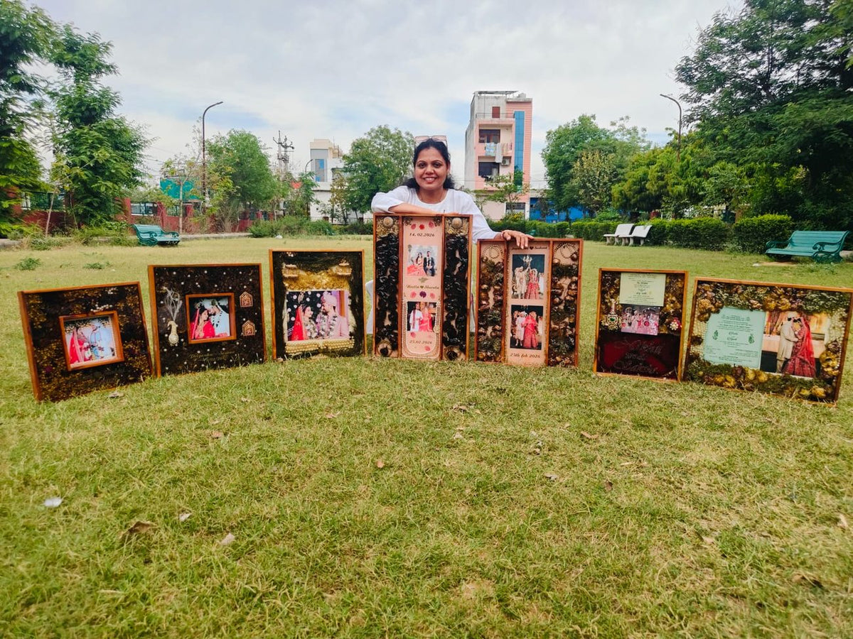 Personal attention in our studio: a row of finished varmala preservation frames