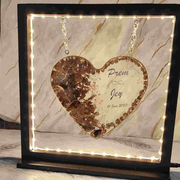 Jaimala Preserved Hanging Resin Heart in Square Wooden Frame with LED Lights (7 Inch Heart) | Resin Night Lamp | Evergreen Wedding Varmala Keepsake (12 Inch)