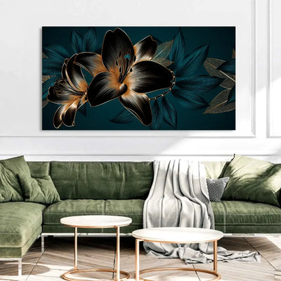 Black and Gold Lily on Teal Canvas Wall Painting, 48x24