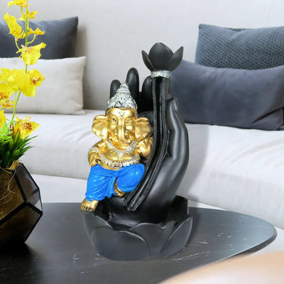 Lord Ganesha Sitting on Palm Hand Smoke Incense backflow Fountain with 10 Free Smoke Backflow Scented Cone Incenses For pooja room, décor your home, office and gift