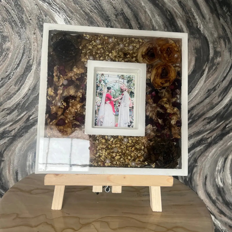 White Luxury Varmala Couple Photo Frame | Preserve Varmala in Square Wedding Keepsake | Table Decor Item with Pinewood Stand (10-inch)