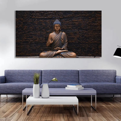 Bronze Meditating Buddha on Dark Wall Canvas Painting, 48x24