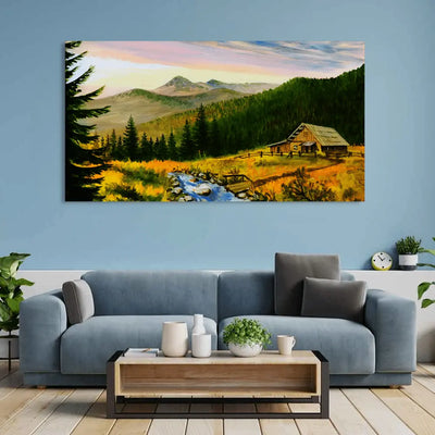 Mountain Cabin Valley at Sunset Canvas Wall Painting, 48x24